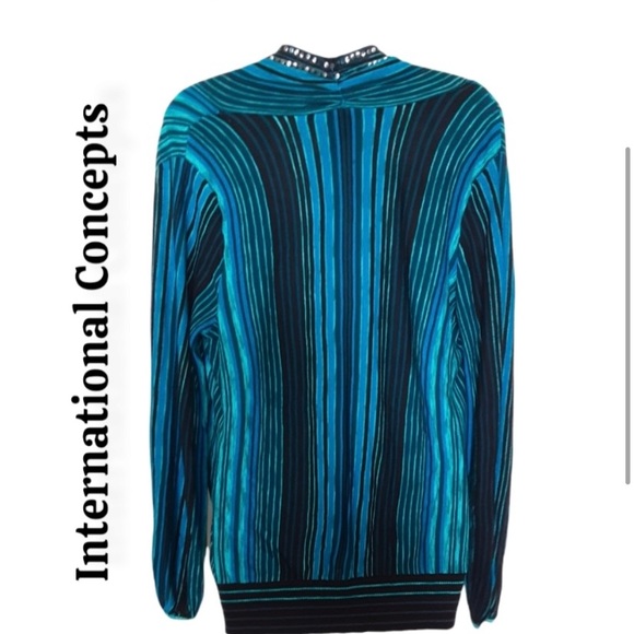 [1X] International Concept Blue & Black Sequenced Rayon Striped Blouse - Picture 2 of 3